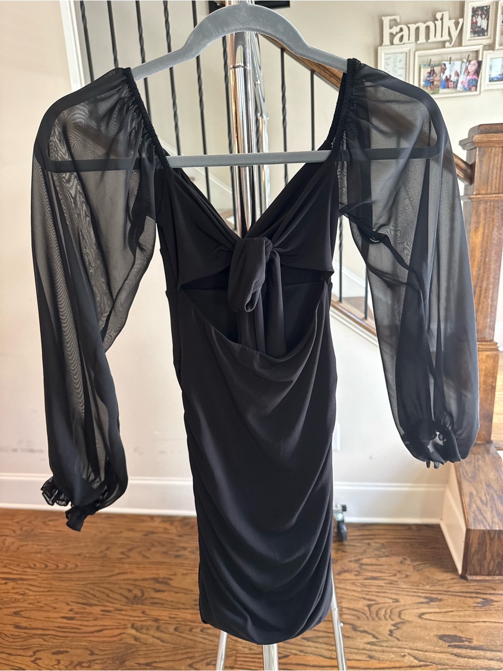 Lucy in the Sky Black Draped Mini Dress with Sheer Bishop Sleeves - Picture 2 of 3